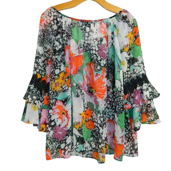 Joseph Ribkoff Sheer Floral Oversize Chiffon 3/4" Bell Cuff Sleeve Blouse Size 8 - Picture 8 of 16
